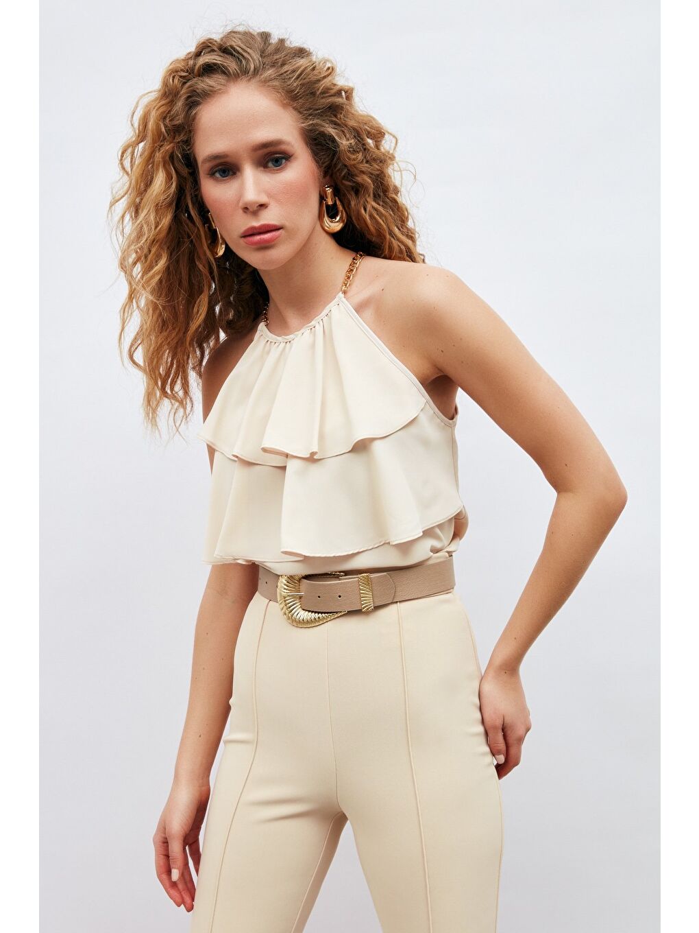 SATEEN Zincir Detaylı Volanlı Bluz - Bej - 1