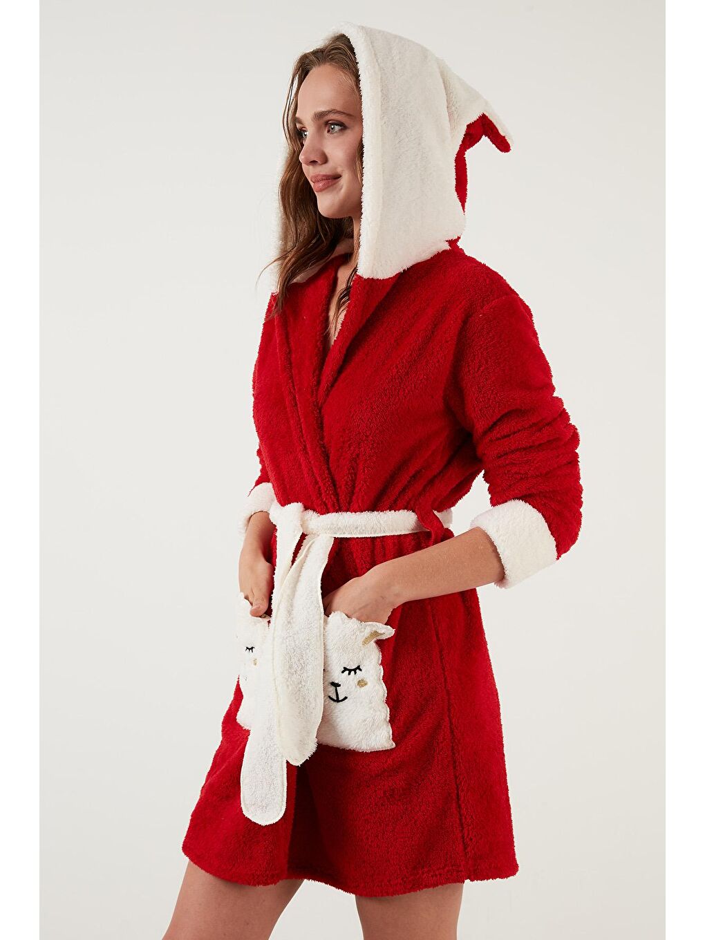 Kırmızı Belden Bağlamalı Kapüşonlu Cepli Peluş Sabahlık 6093040-2