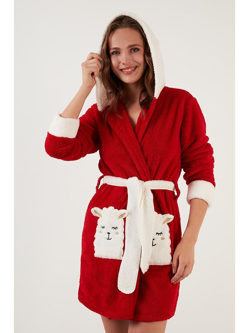 Kırmızı Belden Bağlamalı Kapüşonlu Cepli Peluş Sabahlık 6093040-3