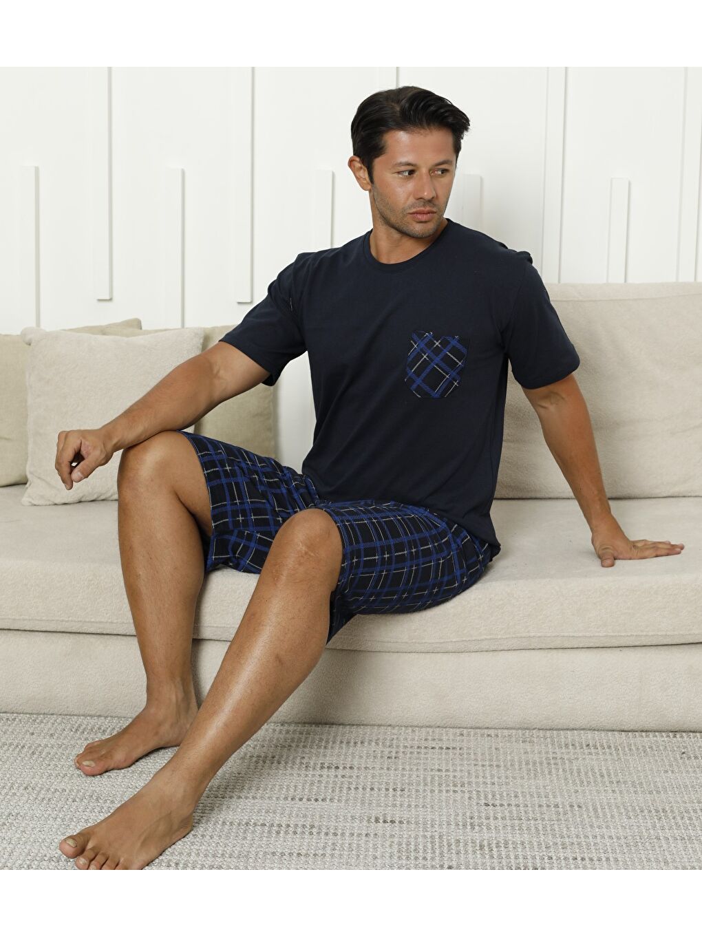 Lacivert Erkek %100 Organik Doğal Pamuk Ekose Cep Detaylı Yüksek Kalite Kısa Kollu Şortlu Pijama Takımı-1
