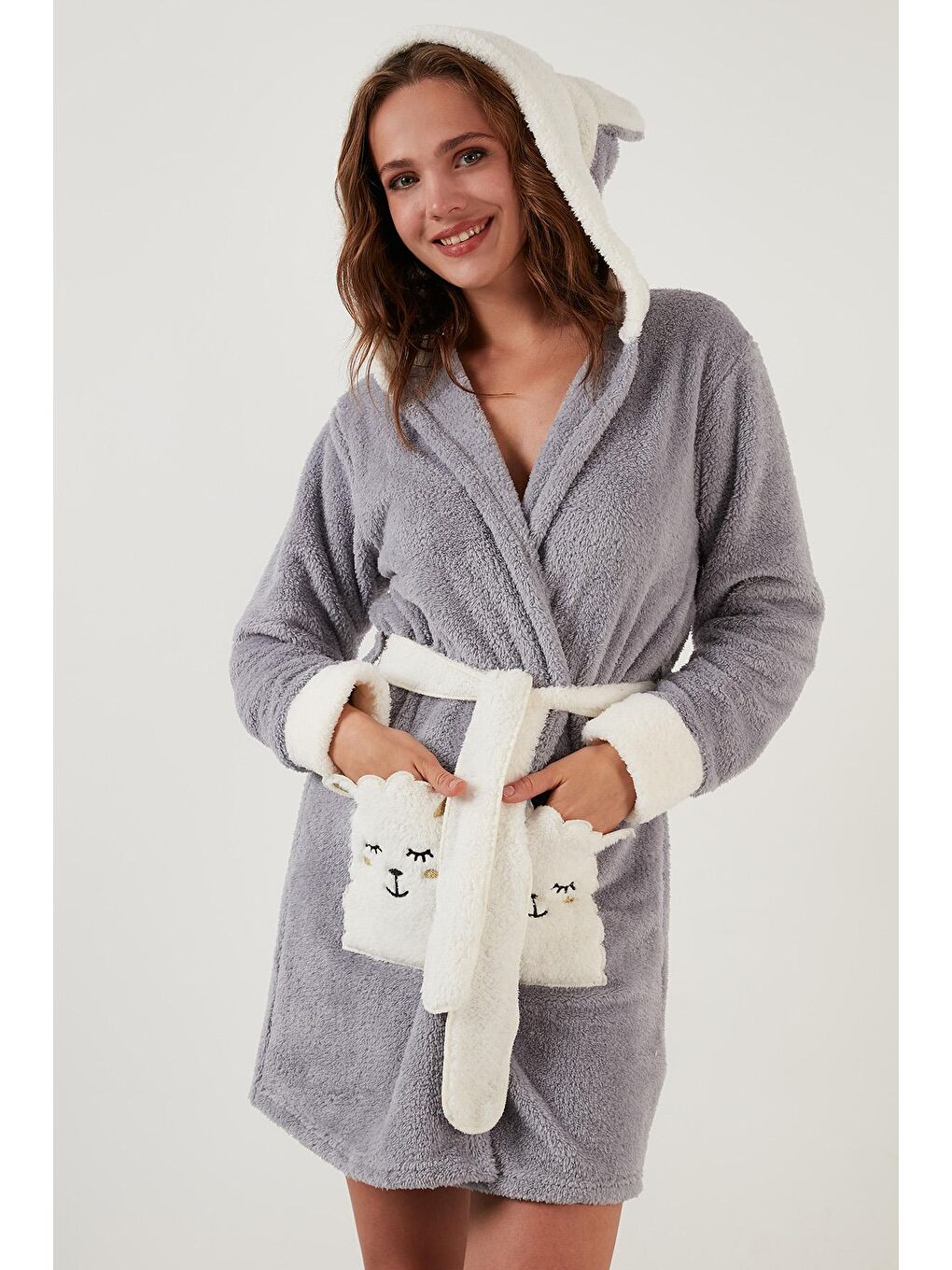 Gri Belden Bağlamalı Kapüşonlu Cepli Peluş Sabahlık 6093040-1