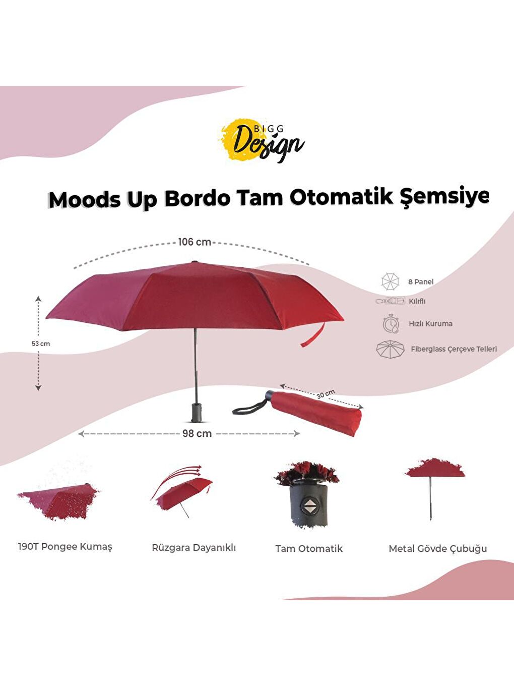 Biggdesign Bordo Moods Up Bordo Tam Otomatik Şemsiye - 7