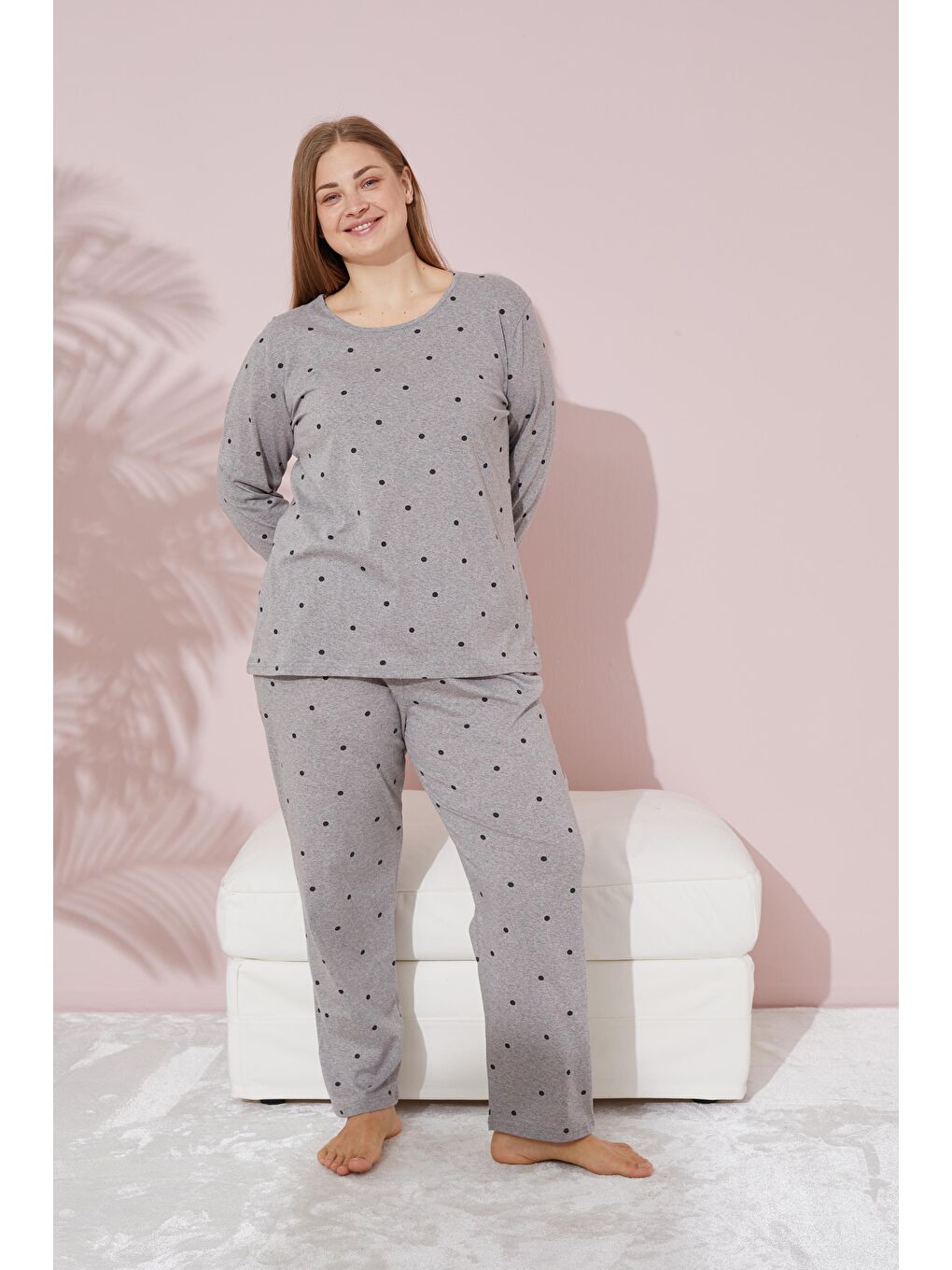 Gri Puan Desenli Curve Büyük Beden Battal Boy Örme Pamuklu Pijama Takımı