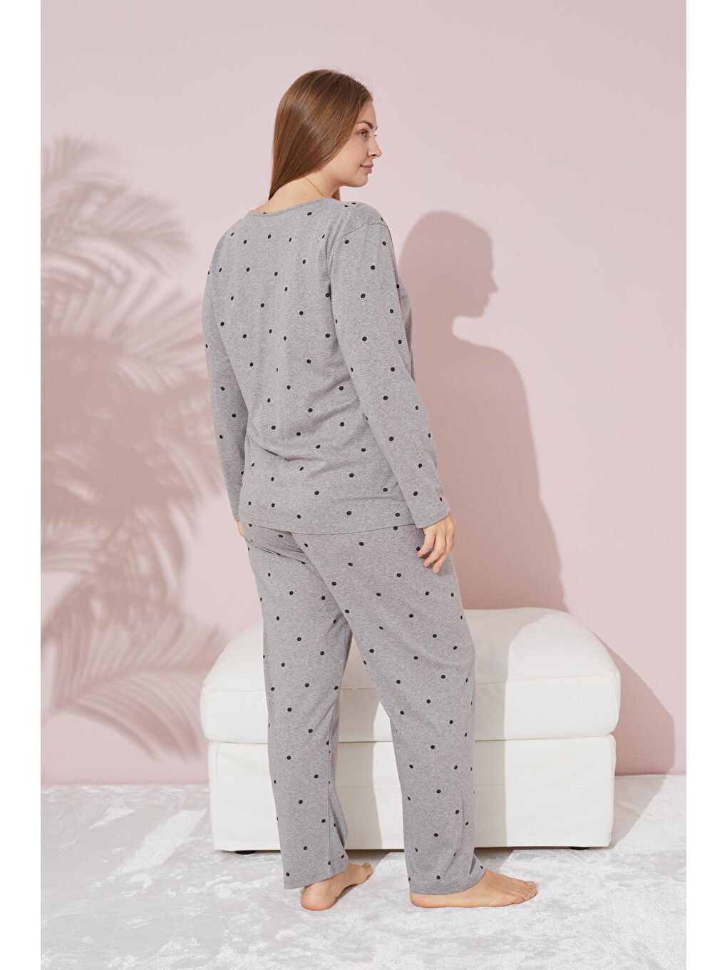 Gri Puan Desenli Curve Büyük Beden Battal Boy Örme Pamuklu Pijama Takımı-1