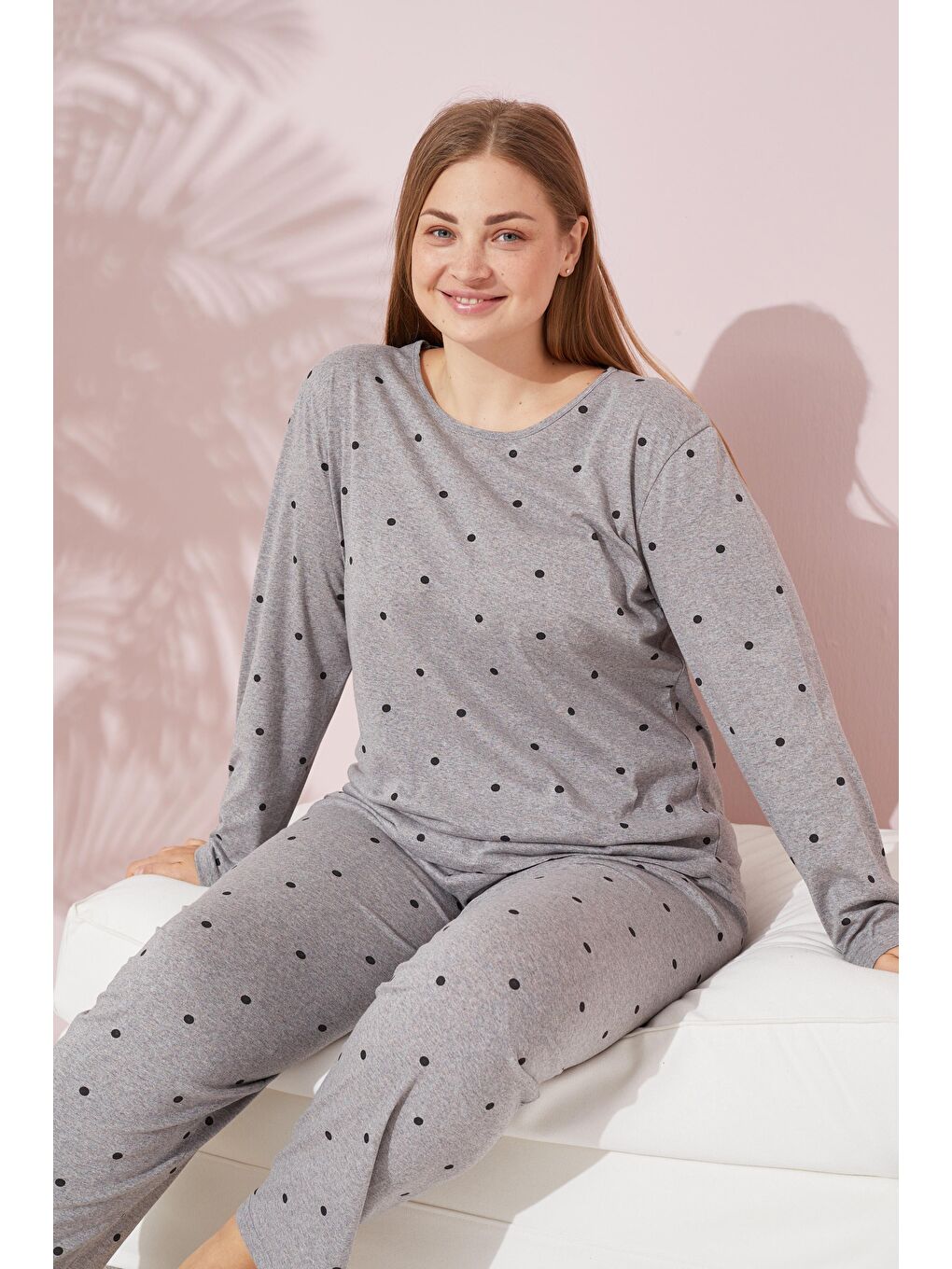 Gri Puan Desenli Curve Büyük Beden Battal Boy Örme Pamuklu Pijama Takımı-2