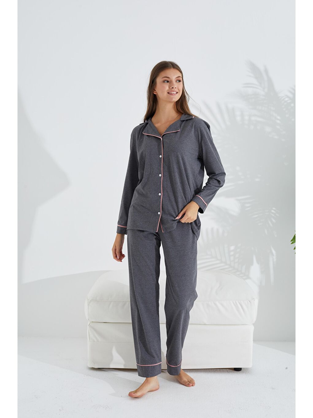 Antrasit Somon Pamuklu Düğmeli Biyeli Pijama Takım-1