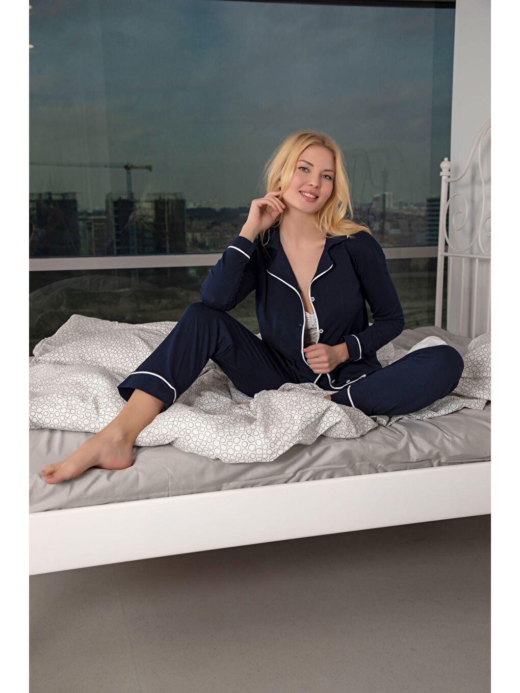 Lacivert Kısa Kollu Pamuklu Düğmeli Biyeli Pijama Takım-1