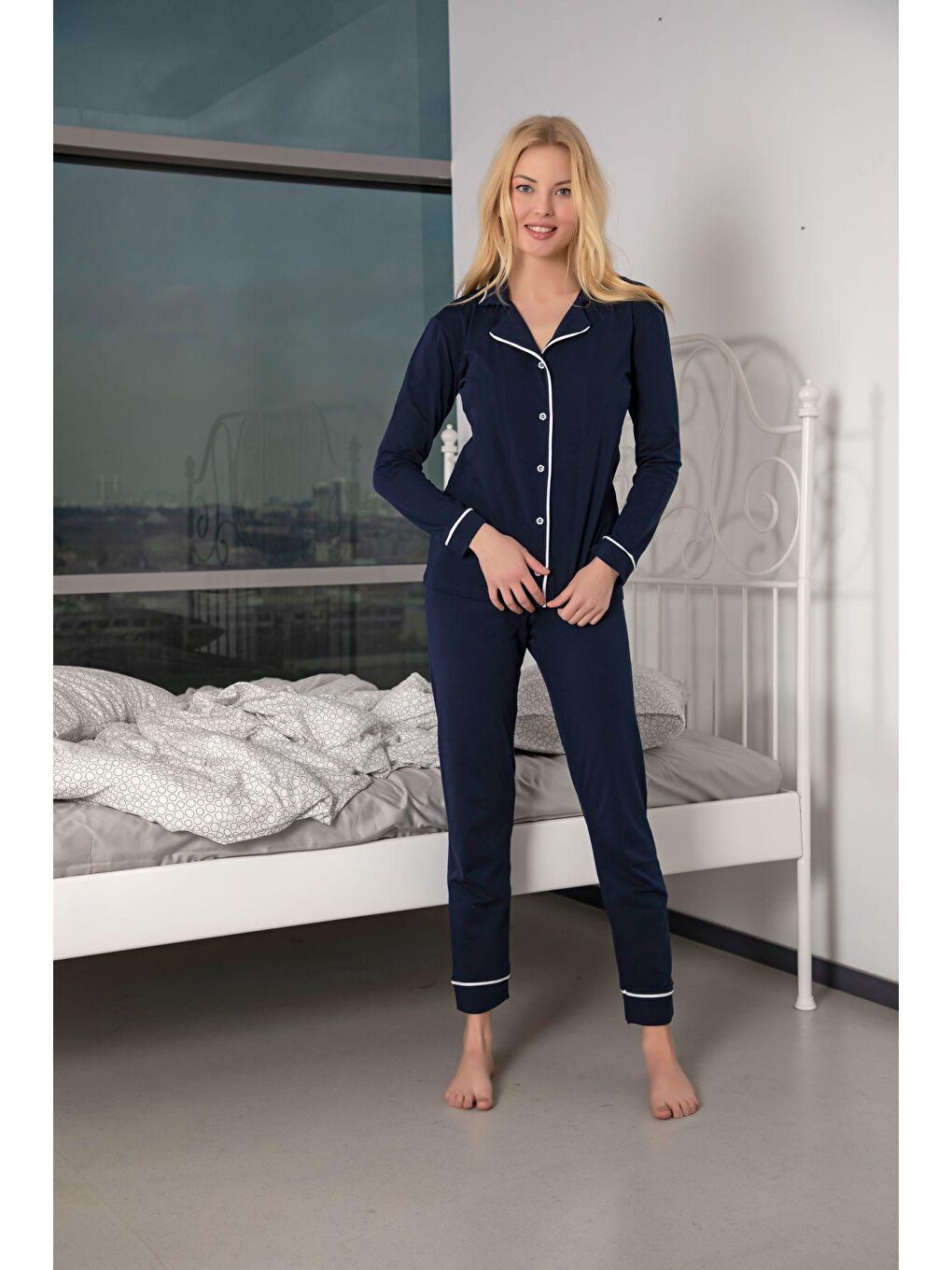 Lacivert Kısa Kollu Pamuklu Düğmeli Biyeli Pijama Takım-2