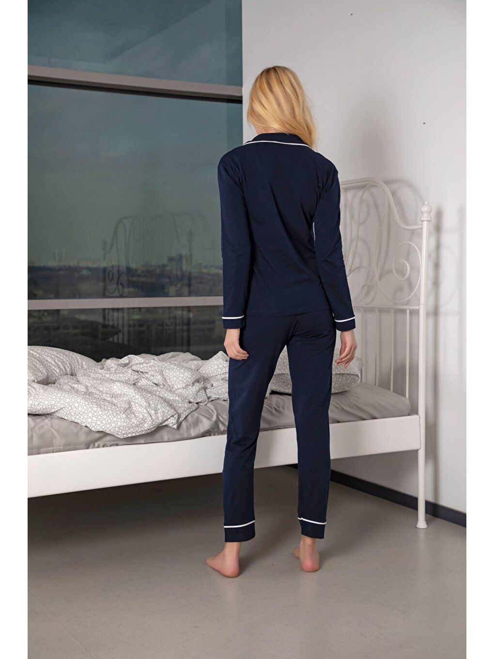 Lacivert Kısa Kollu Pamuklu Düğmeli Biyeli Pijama Takım-3