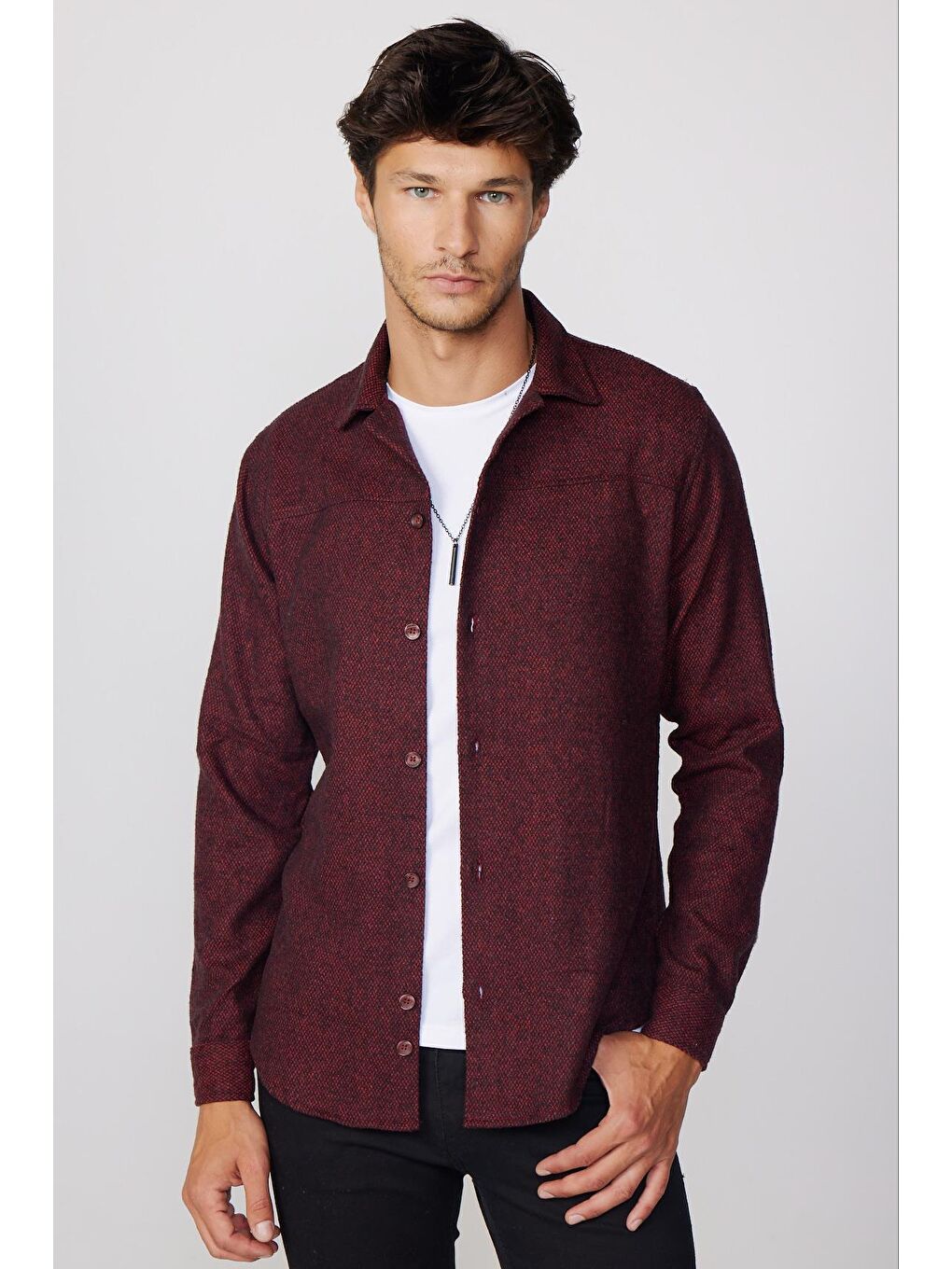 Slim Fit Kışlık Dar Kesim Cepsiz Manşetsiz Düz Oduncu Bordo Erkek Gömlek-1