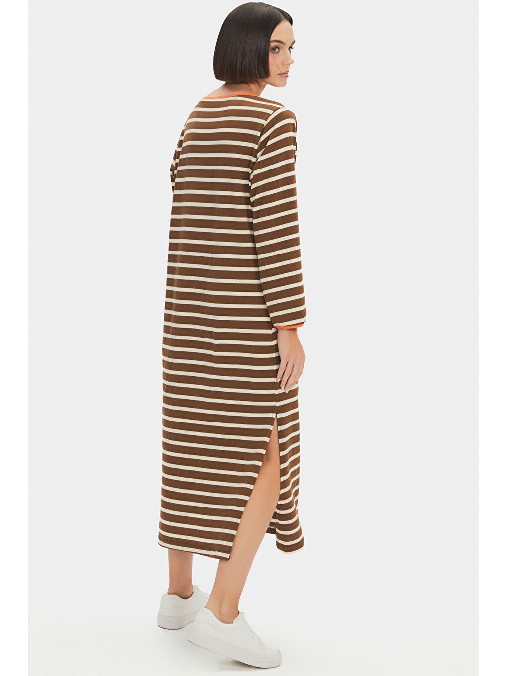 Kahverengi Çizgili Maxi Elbise-4