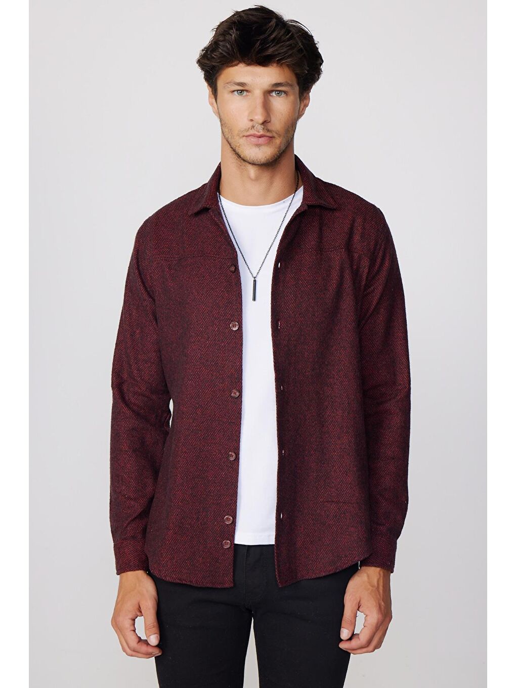 Slim Fit Kışlık Dar Kesim Cepsiz Manşetsiz Düz Oduncu Bordo Erkek Gömlek-2