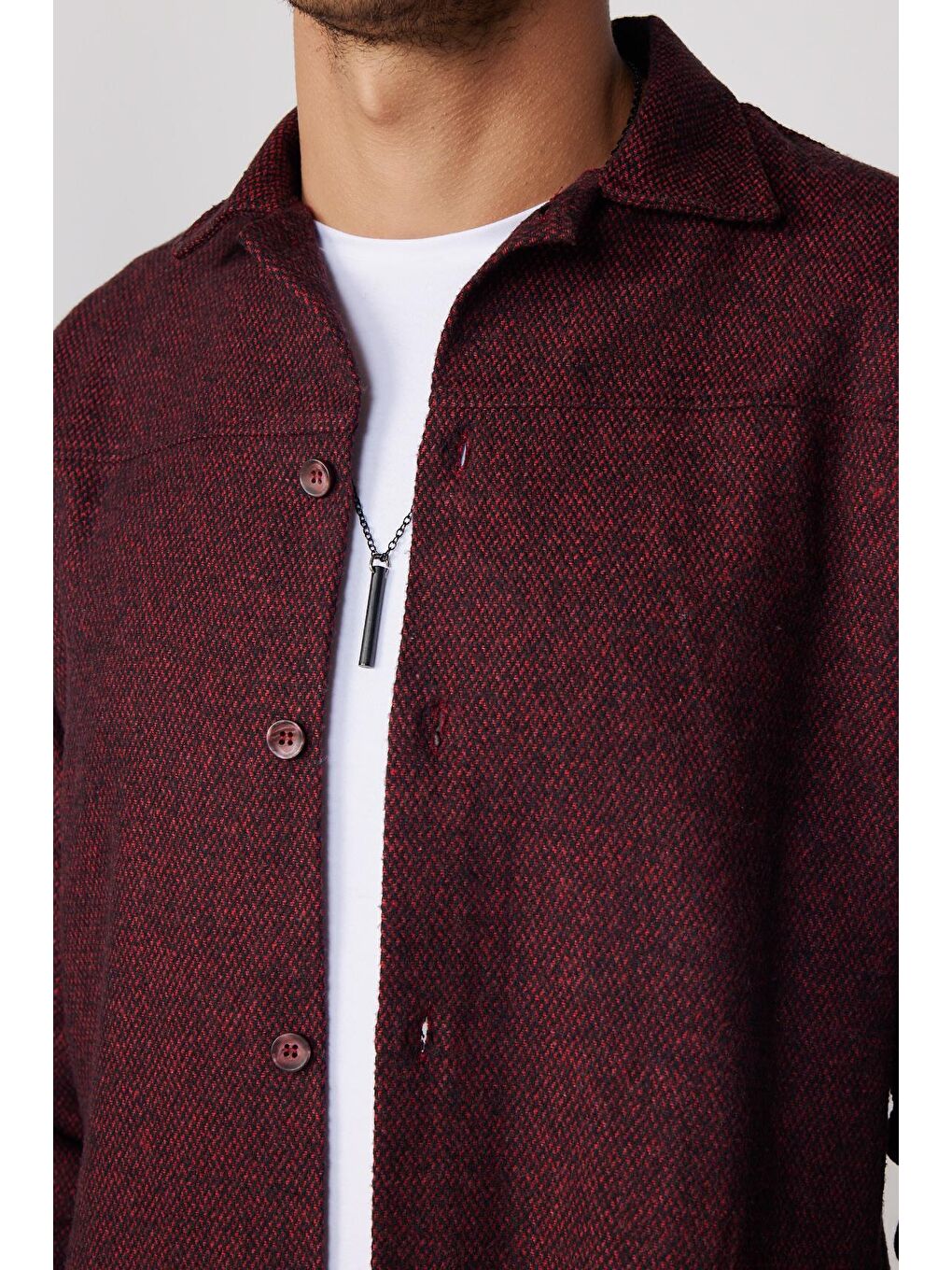 Slim Fit Kışlık Dar Kesim Cepsiz Manşetsiz Düz Oduncu Bordo Erkek Gömlek-3