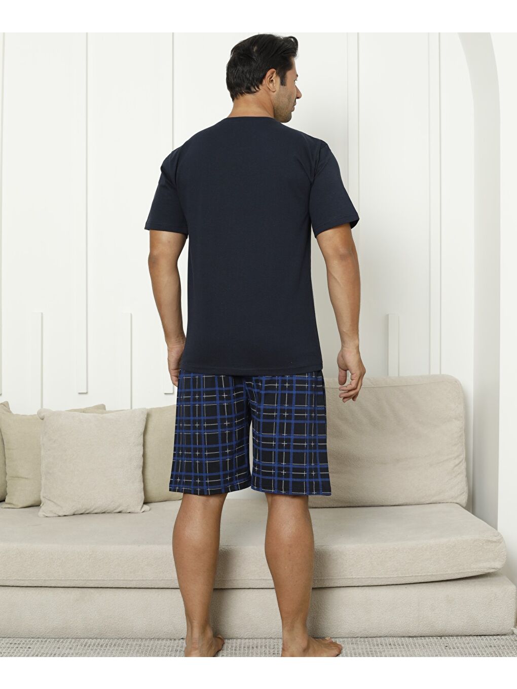 Lacivert Erkek %100 Organik Doğal Pamuk Ekose Cep Detaylı Yüksek Kalite Kısa Kollu Şortlu Pijama Takımı-2