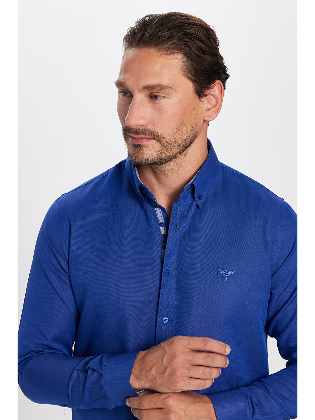 Erkek Slim Fit Dar Kesim Uzun Kollu Pamuklu Oxford Doku Sax Mavi Düğmeli Yaka Gömlek-1