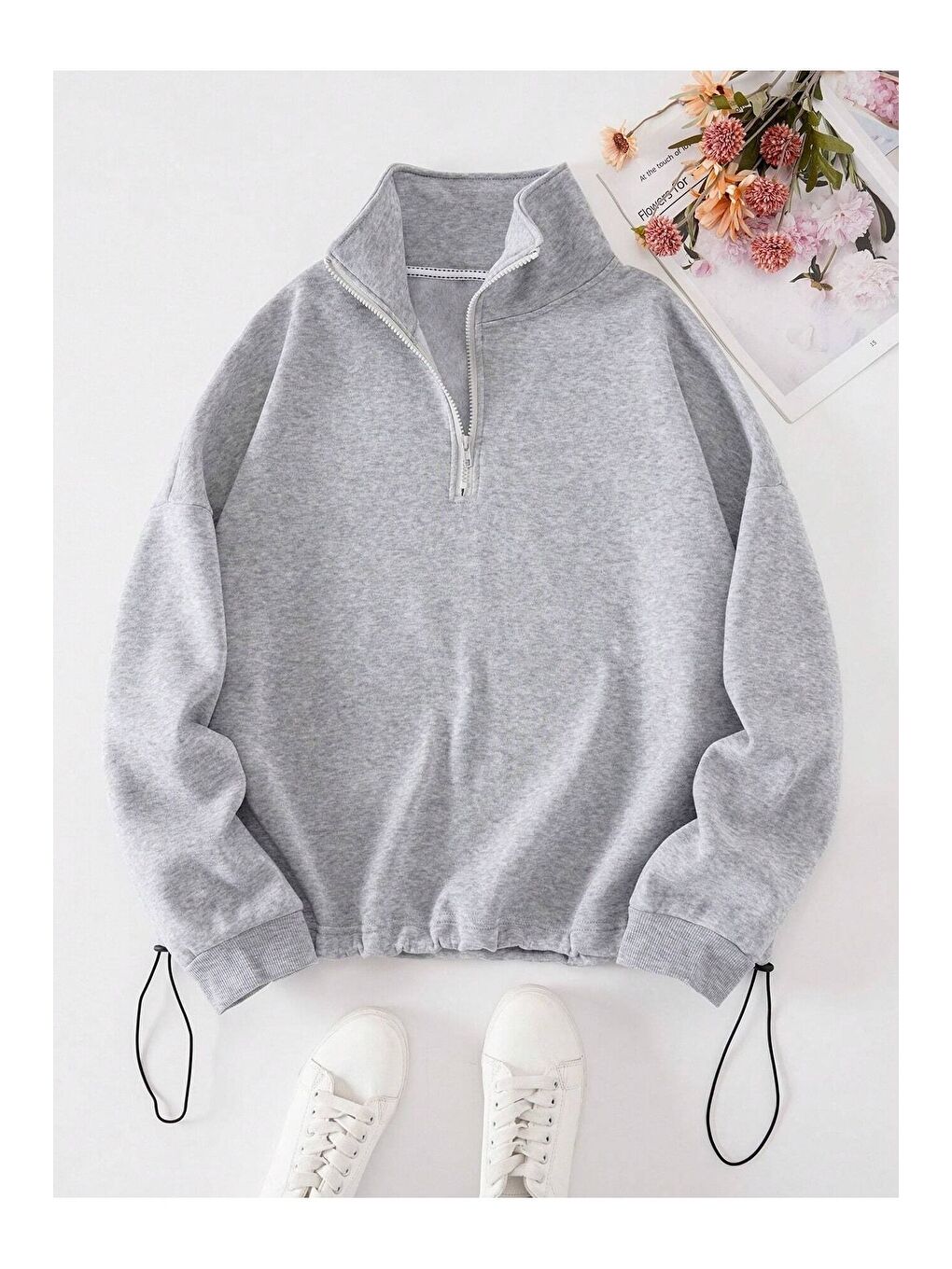 Kadın 3 İplik Gri Fermuarlı Dik Yaka Altı Starstoplu Lastikli Model Oversize Sweatshirt