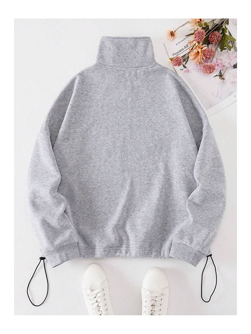 Kadın 3 İplik Gri Fermuarlı Dik Yaka Altı Starstoplu Lastikli Model Oversize Sweatshirt-1
