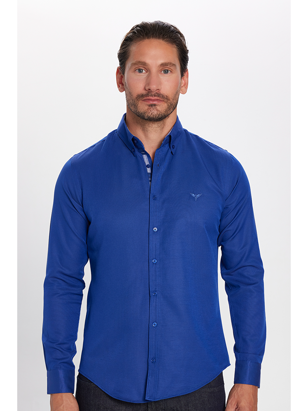 Erkek Slim Fit Dar Kesim Uzun Kollu Pamuklu Oxford Doku Sax Mavi Düğmeli Yaka Gömlek-2