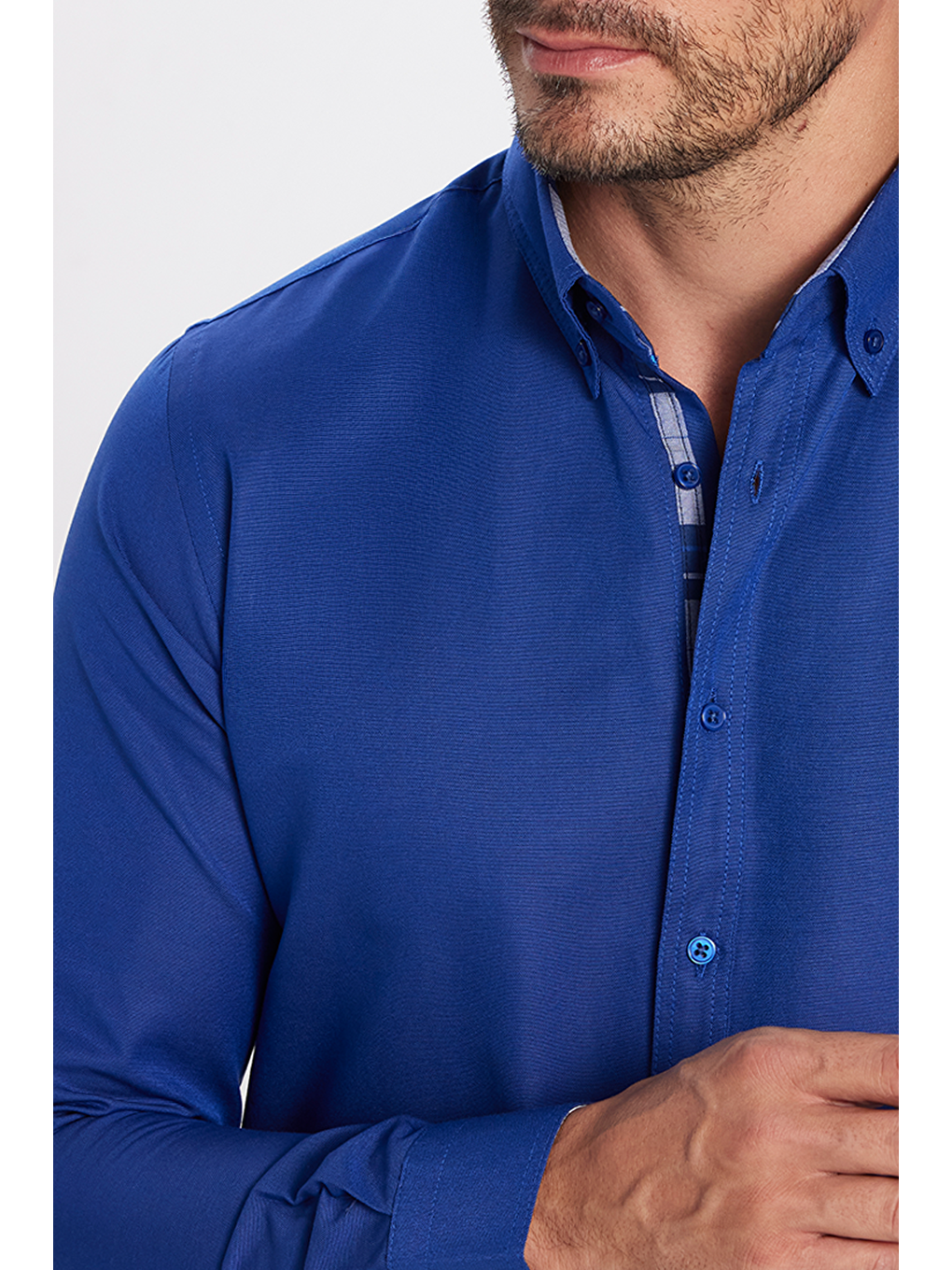 Erkek Slim Fit Dar Kesim Uzun Kollu Pamuklu Oxford Doku Sax Mavi Düğmeli Yaka Gömlek-3