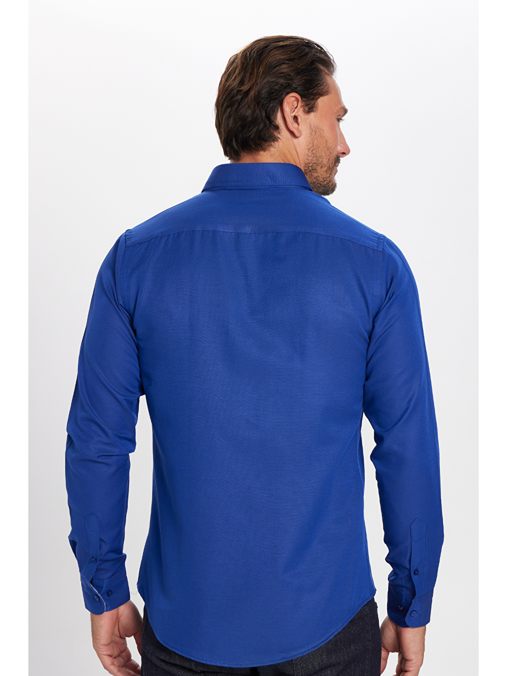 Erkek Slim Fit Dar Kesim Uzun Kollu Pamuklu Oxford Doku Sax Mavi Düğmeli Yaka Gömlek-4