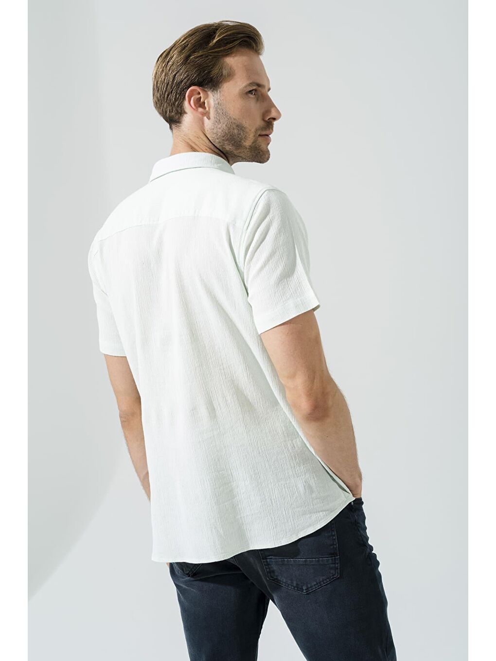 Turkuaz Organik 3 Düğmeli Kısa Kol Su Yeşili %100 Pamuk Gömlek-1