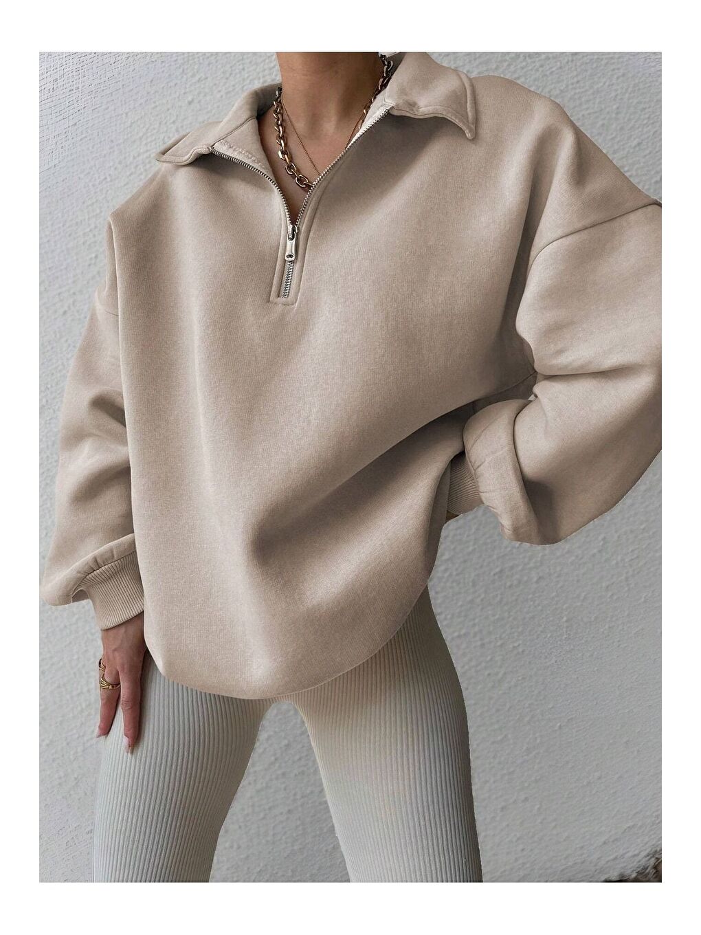 Bej Kadın 3 İplik Vizon Fermuarlı Polo Yaka Oversize Sweatshirt