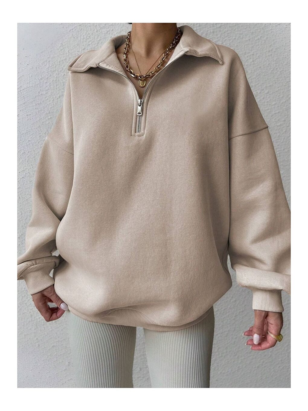 Bej Kadın 3 İplik Vizon Fermuarlı Polo Yaka Oversize Sweatshirt-3