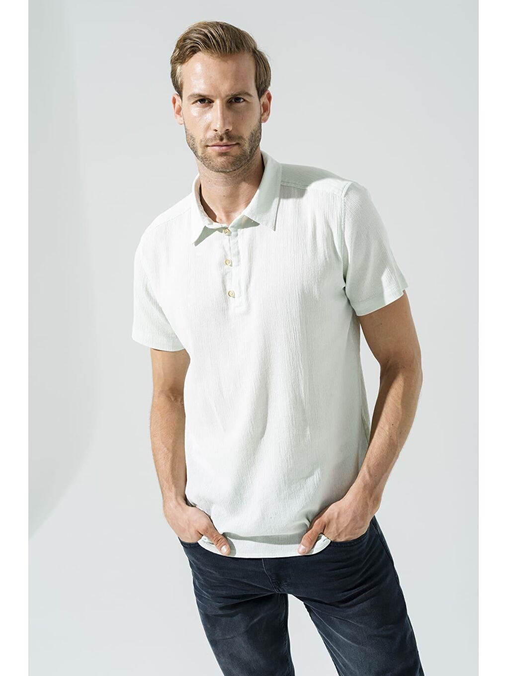 Turkuaz Organik 3 Düğmeli Kısa Kol Su Yeşili %100 Pamuk Gömlek-2