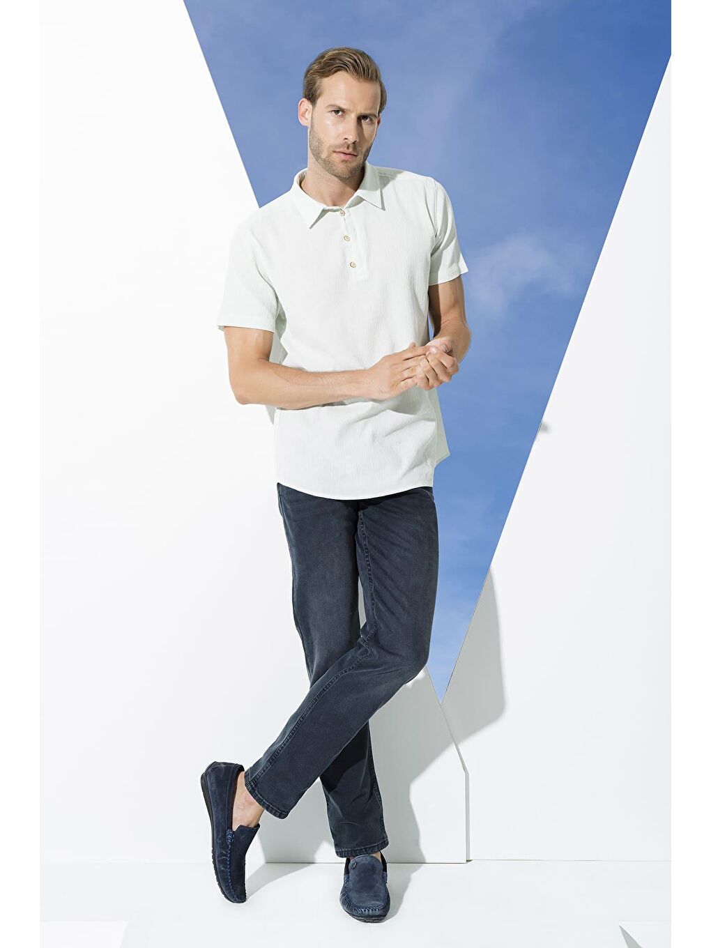 Turkuaz Organik 3 Düğmeli Kısa Kol Su Yeşili %100 Pamuk Gömlek-4