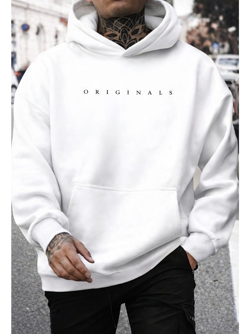 Beyaz Originals Baskılı Kapüşonlu Oversize Sweatshirt