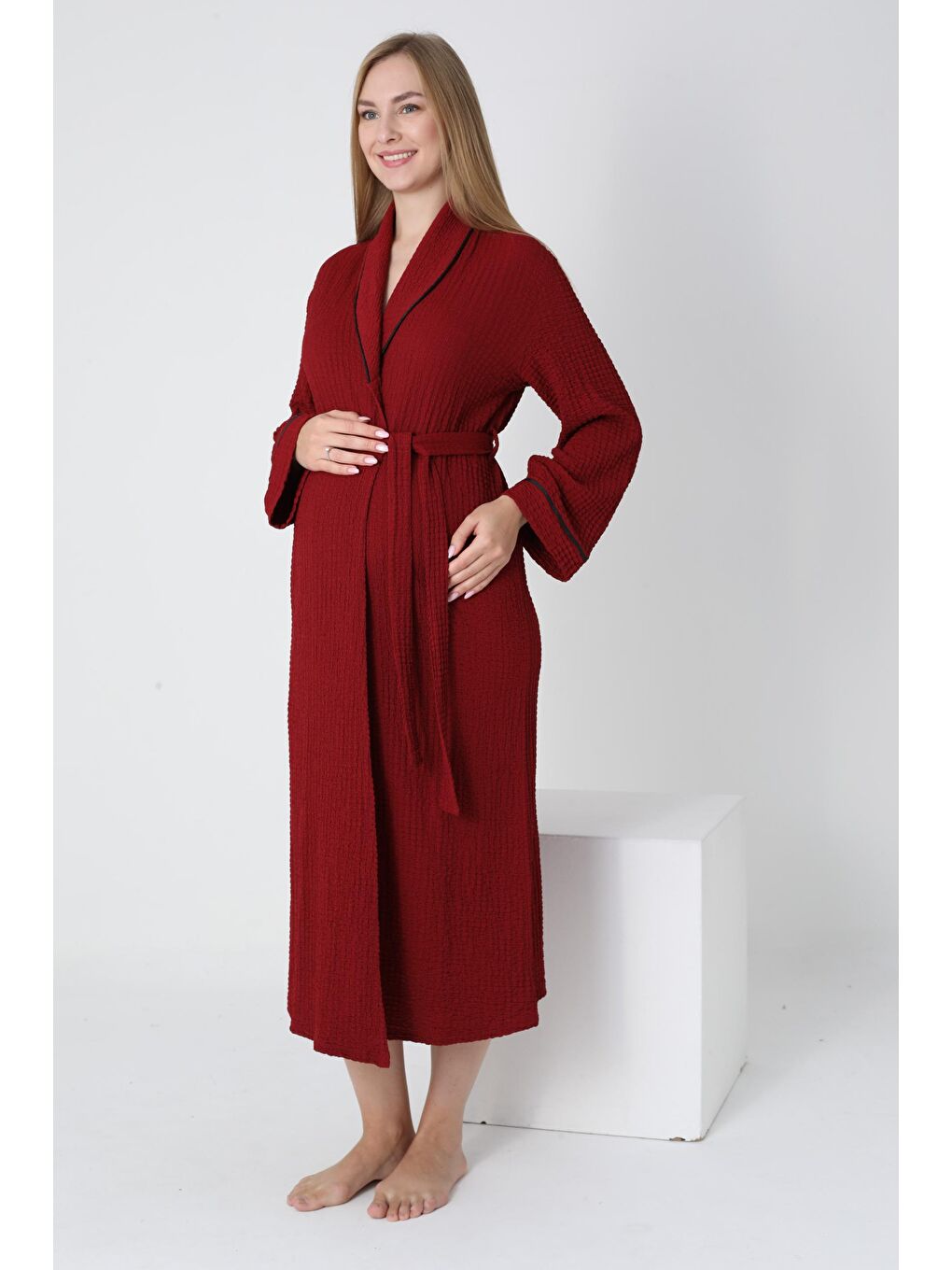 Bordo Örgü Kumaş Gömlek Yaka Bel Kuşaklı Sabahlık-1