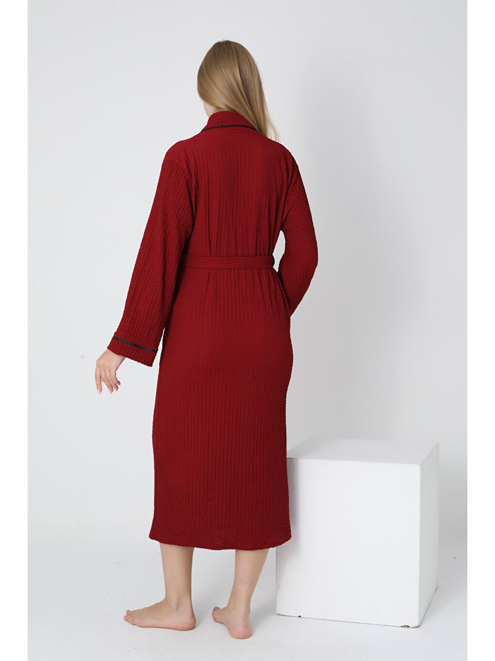 Bordo Örgü Kumaş Gömlek Yaka Bel Kuşaklı Sabahlık-2