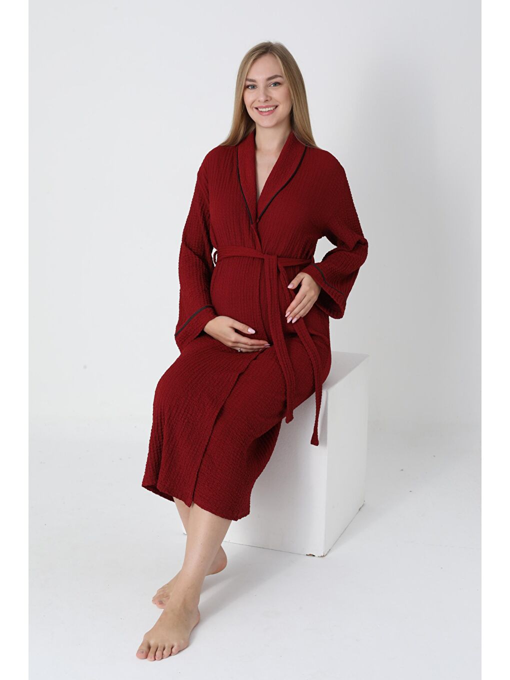 Bordo Örgü Kumaş Gömlek Yaka Bel Kuşaklı Sabahlık-3