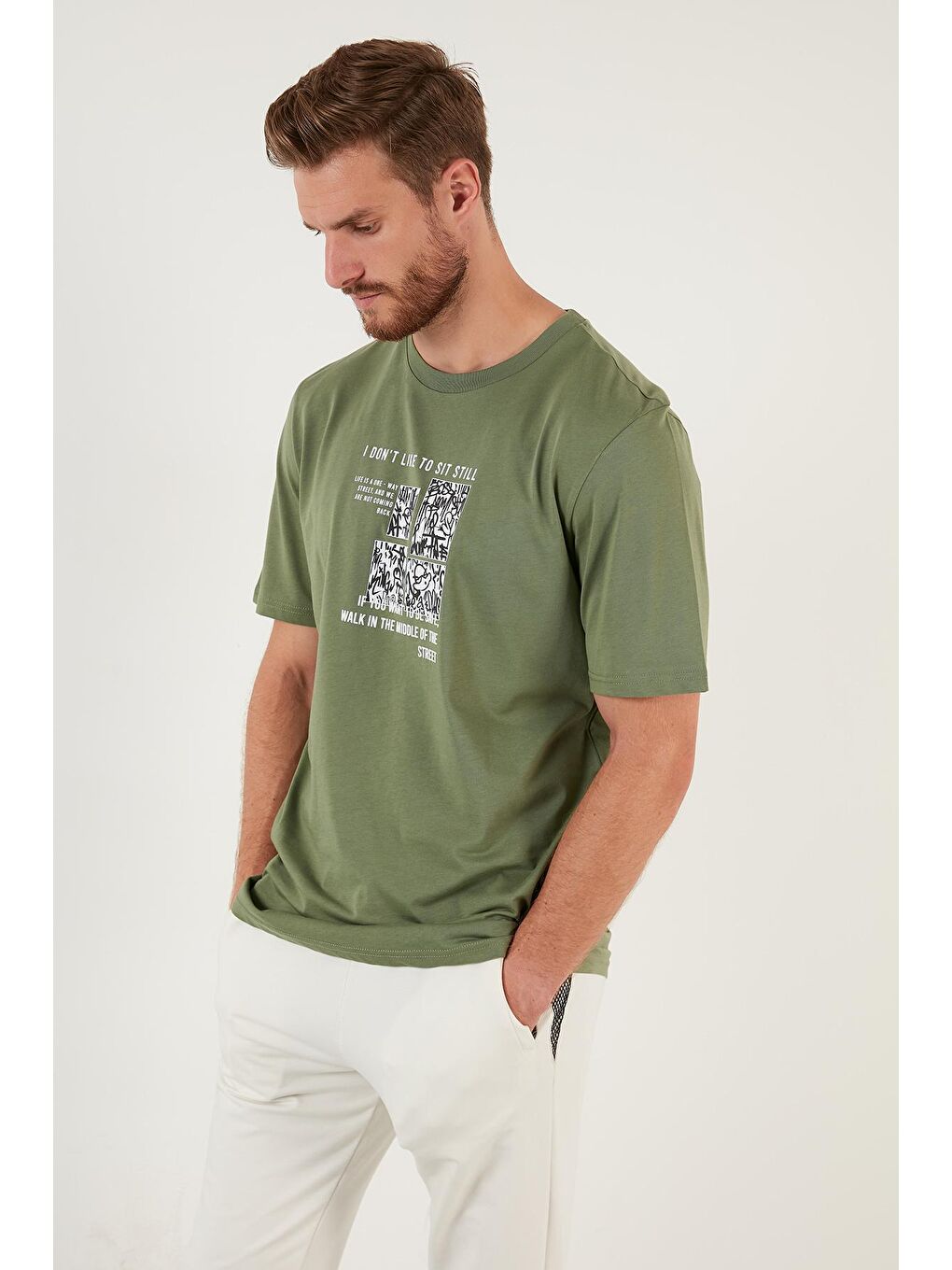 Haki Baskılı Regular Fit Bisiklet Yaka %100 Pamuk Tişört 5727404-1