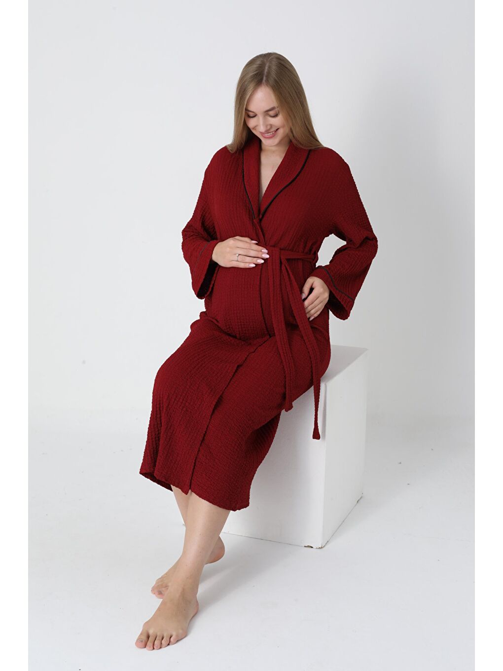 Bordo Örgü Kumaş Gömlek Yaka Bel Kuşaklı Sabahlık-4