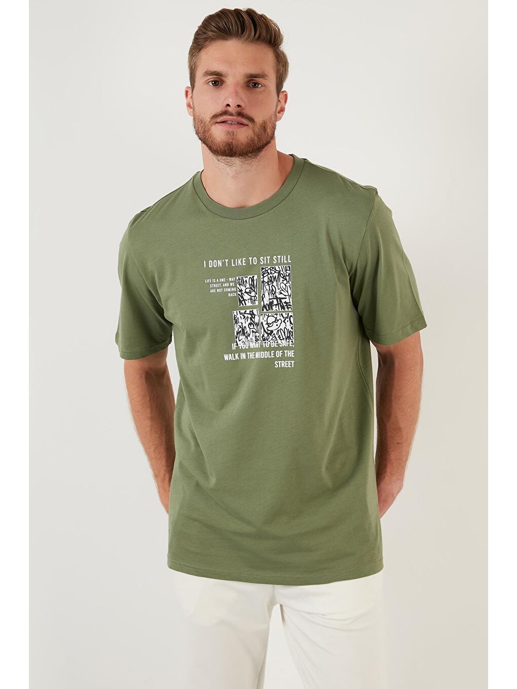 Haki Baskılı Regular Fit Bisiklet Yaka %100 Pamuk Tişört 5727404-2