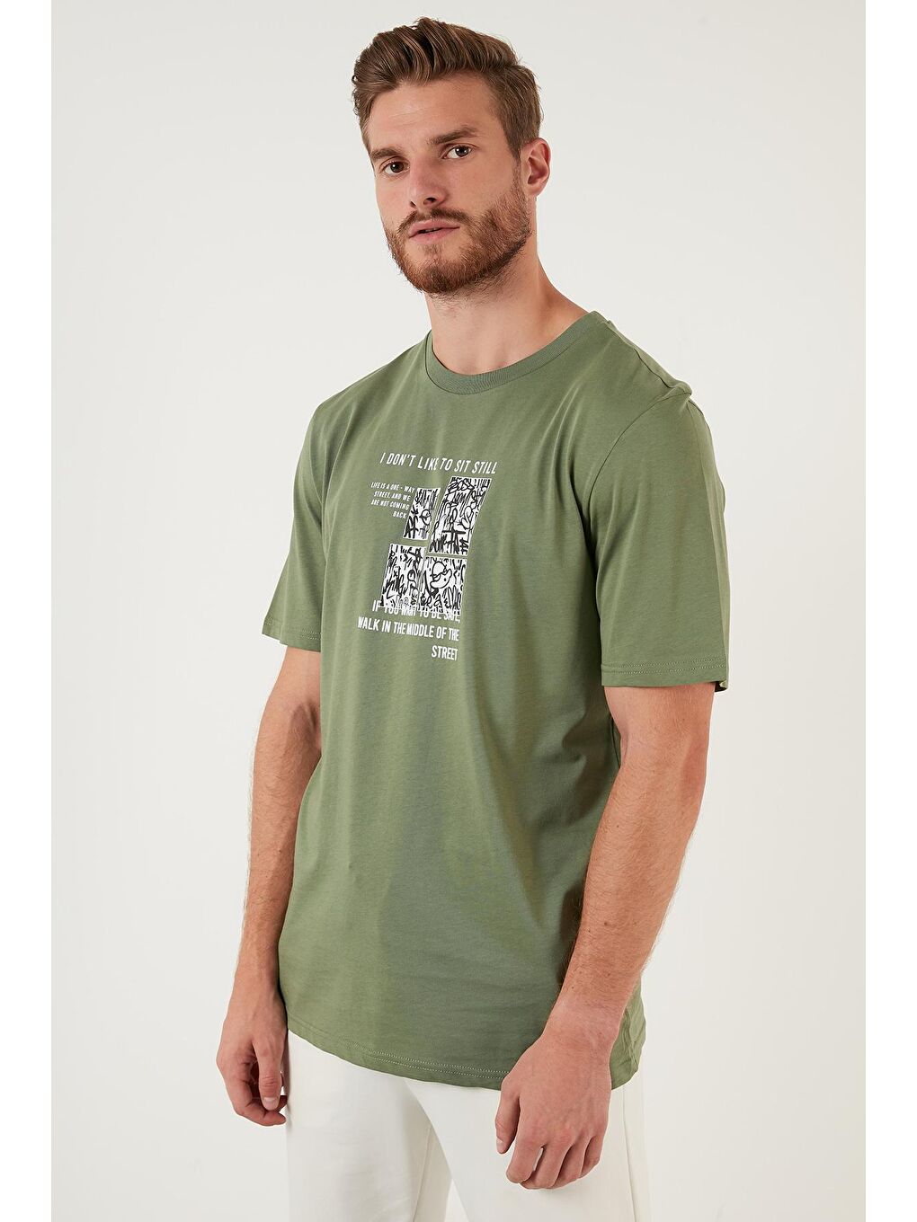 Haki Baskılı Regular Fit Bisiklet Yaka %100 Pamuk Tişört 5727404-3