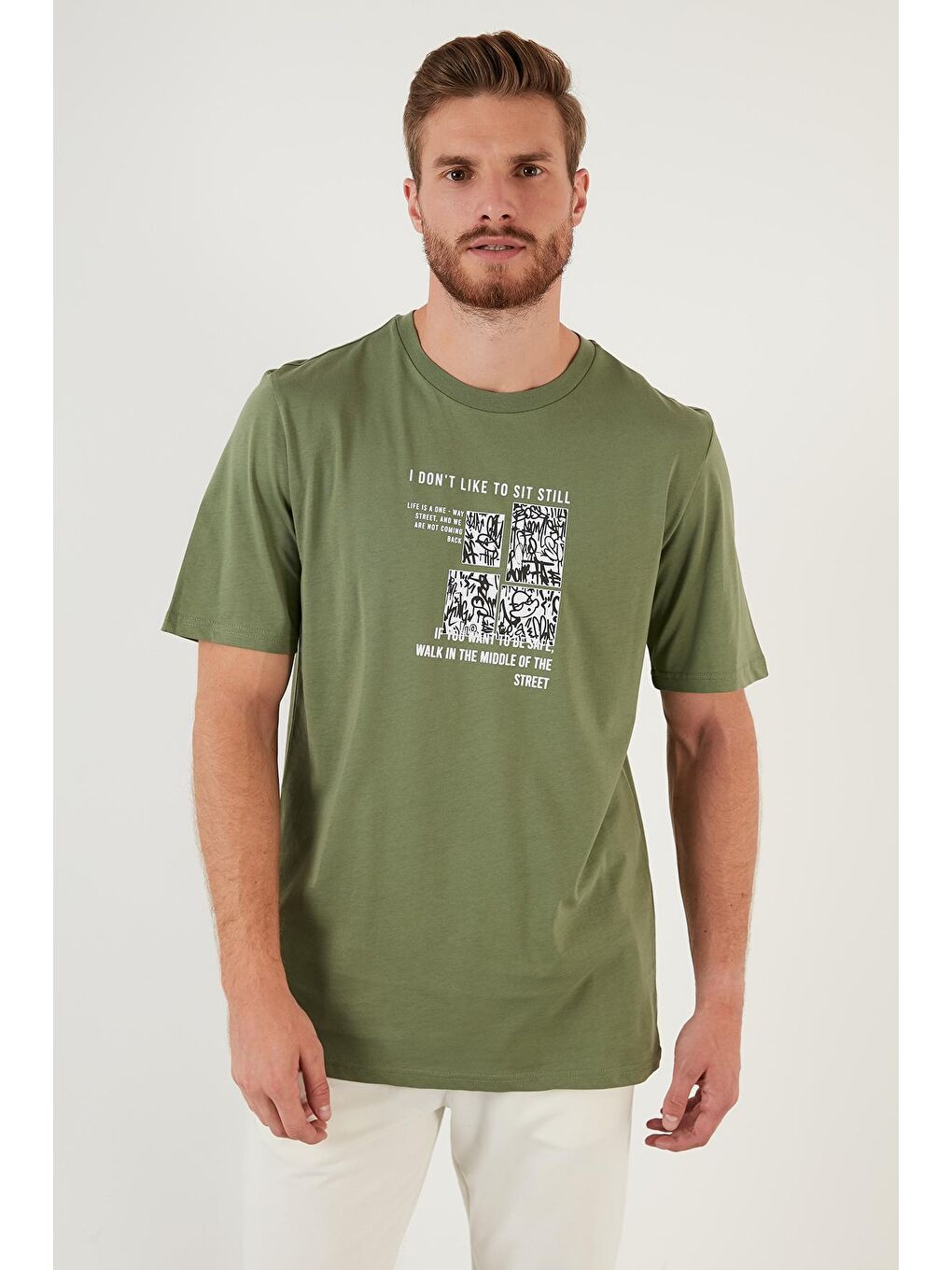 Haki Baskılı Regular Fit Bisiklet Yaka %100 Pamuk Tişört 5727404-4