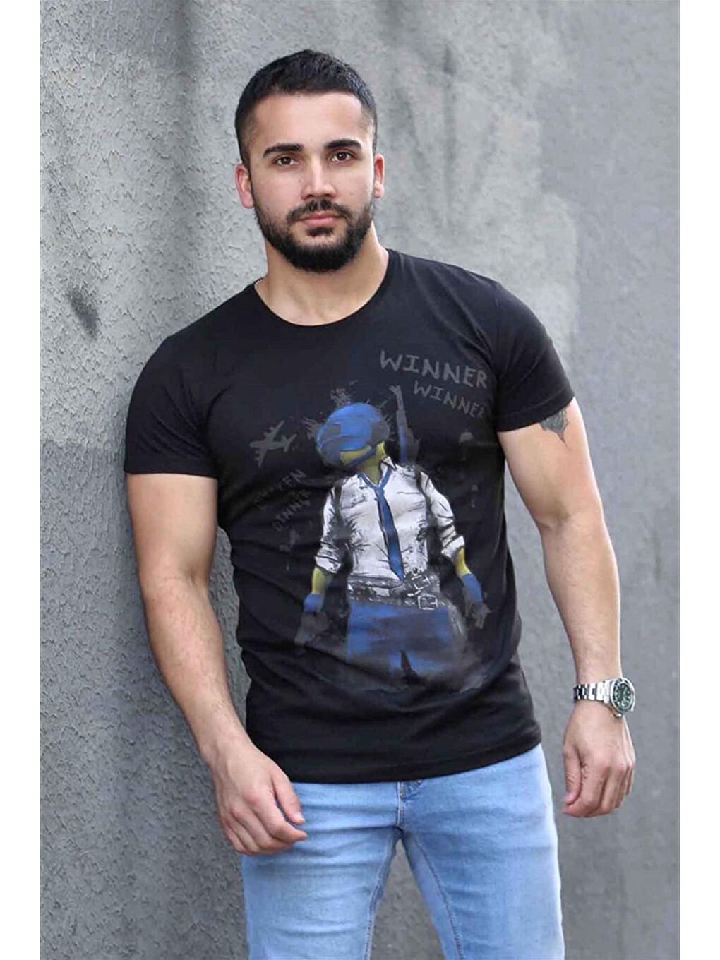 Baskılı Siyah %100 Pamuk Tişört 4028