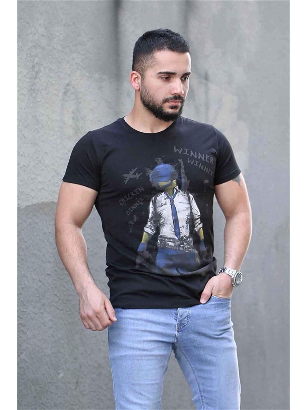 Baskılı Siyah %100 Pamuk Tişört 4028-1