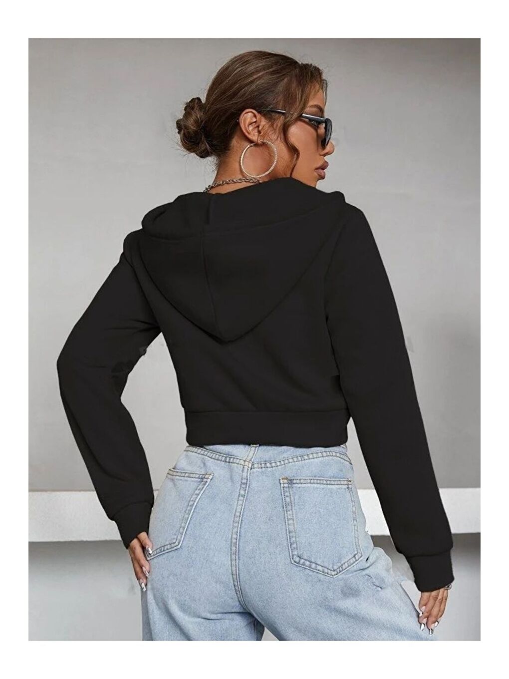 Kadın Siyah Kapüşonlu Fermuarlı Crop Hırka-2