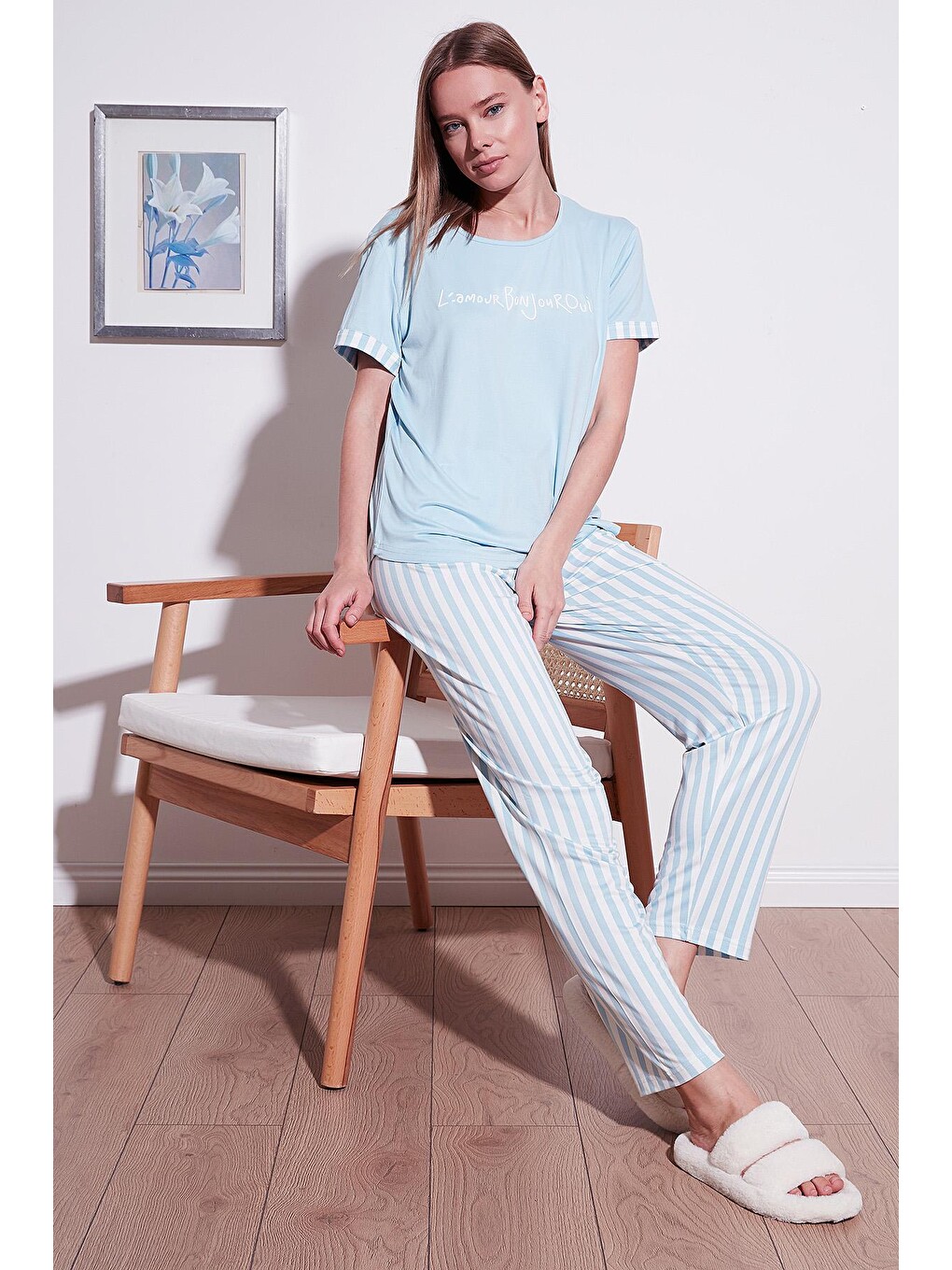 Mavi Bambu Karışımlı Yumuşak Dokulu Bisiklet Yaka Pijama Takımı 6097605