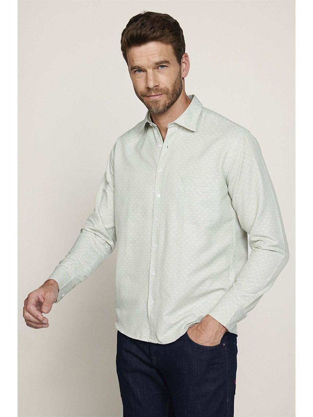 Klasik Fit Uzun Kol Oxford Doku Armürlü Erkek Yeşil Gömlek