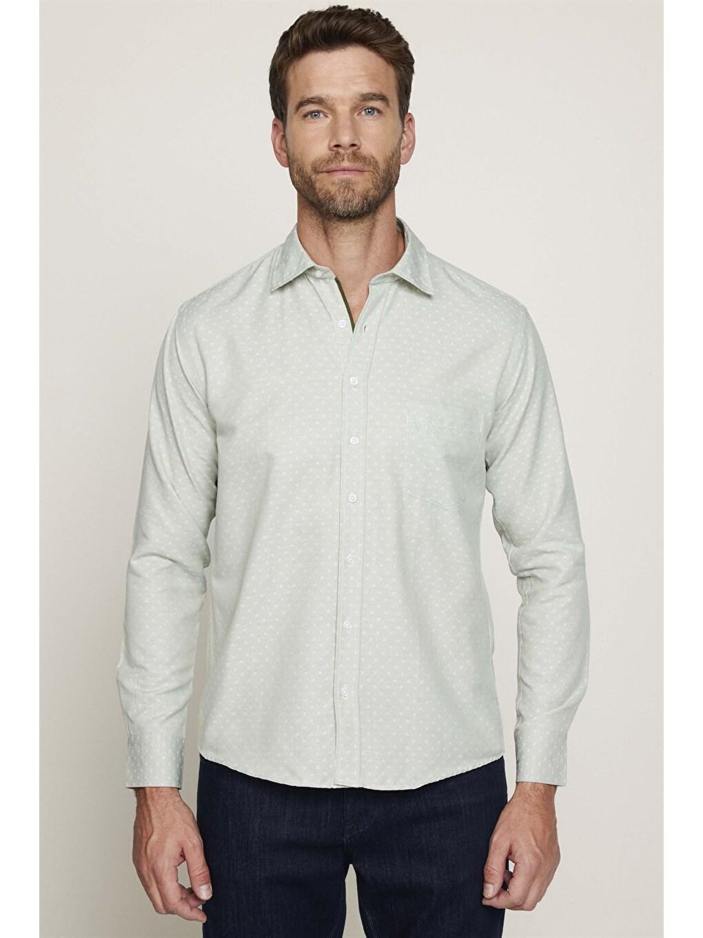 Klasik Fit Uzun Kol Oxford Doku Armürlü Erkek Yeşil Gömlek-1