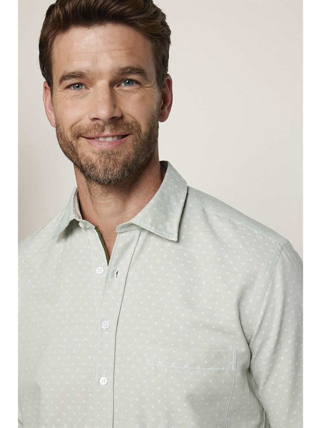 Klasik Fit Uzun Kol Oxford Doku Armürlü Erkek Yeşil Gömlek-2