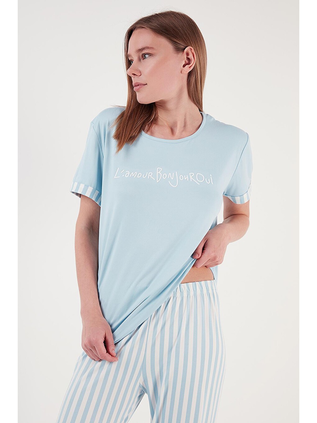 Mavi Bambu Karışımlı Yumuşak Dokulu Bisiklet Yaka Pijama Takımı 6097605-2