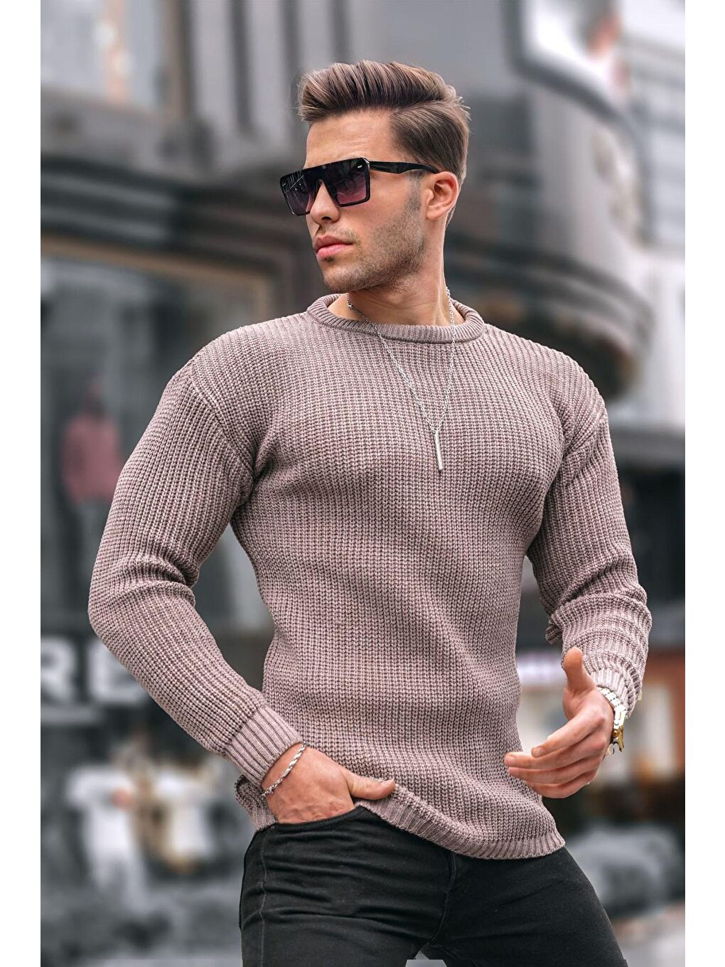 Bej Vizon Basic Triko Erkek Kazak 5990