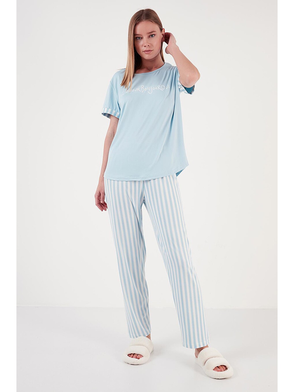 Mavi Bambu Karışımlı Yumuşak Dokulu Bisiklet Yaka Pijama Takımı 6097605-3
