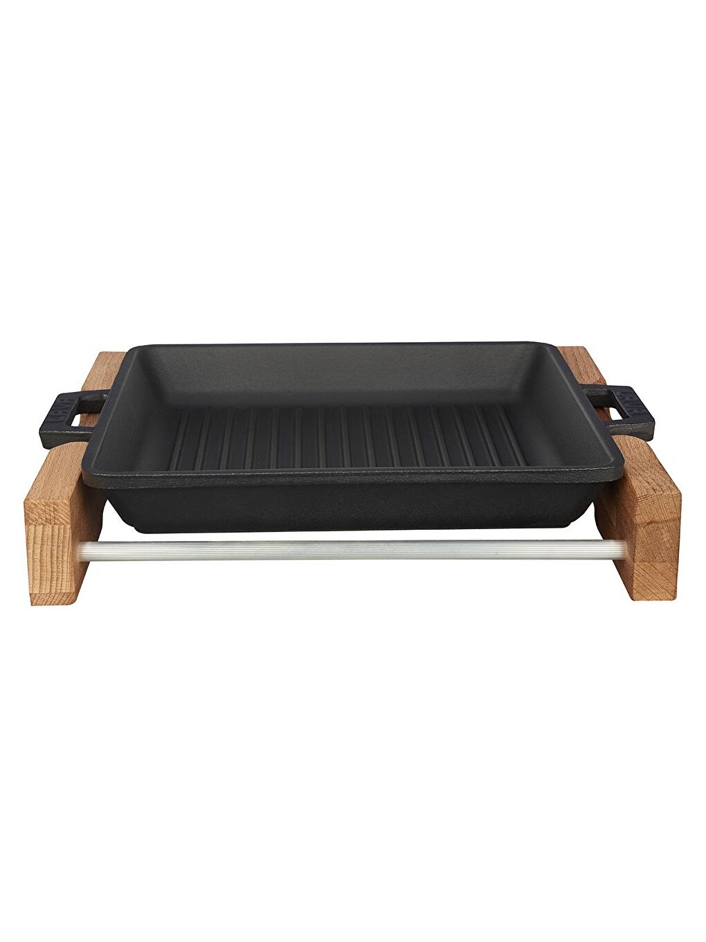 Siyah Kare Izgara Tavası Kayın Servis Ahşabı Döküm Demir Yekpare Çift Kulplu Ölçü 26x26cm.