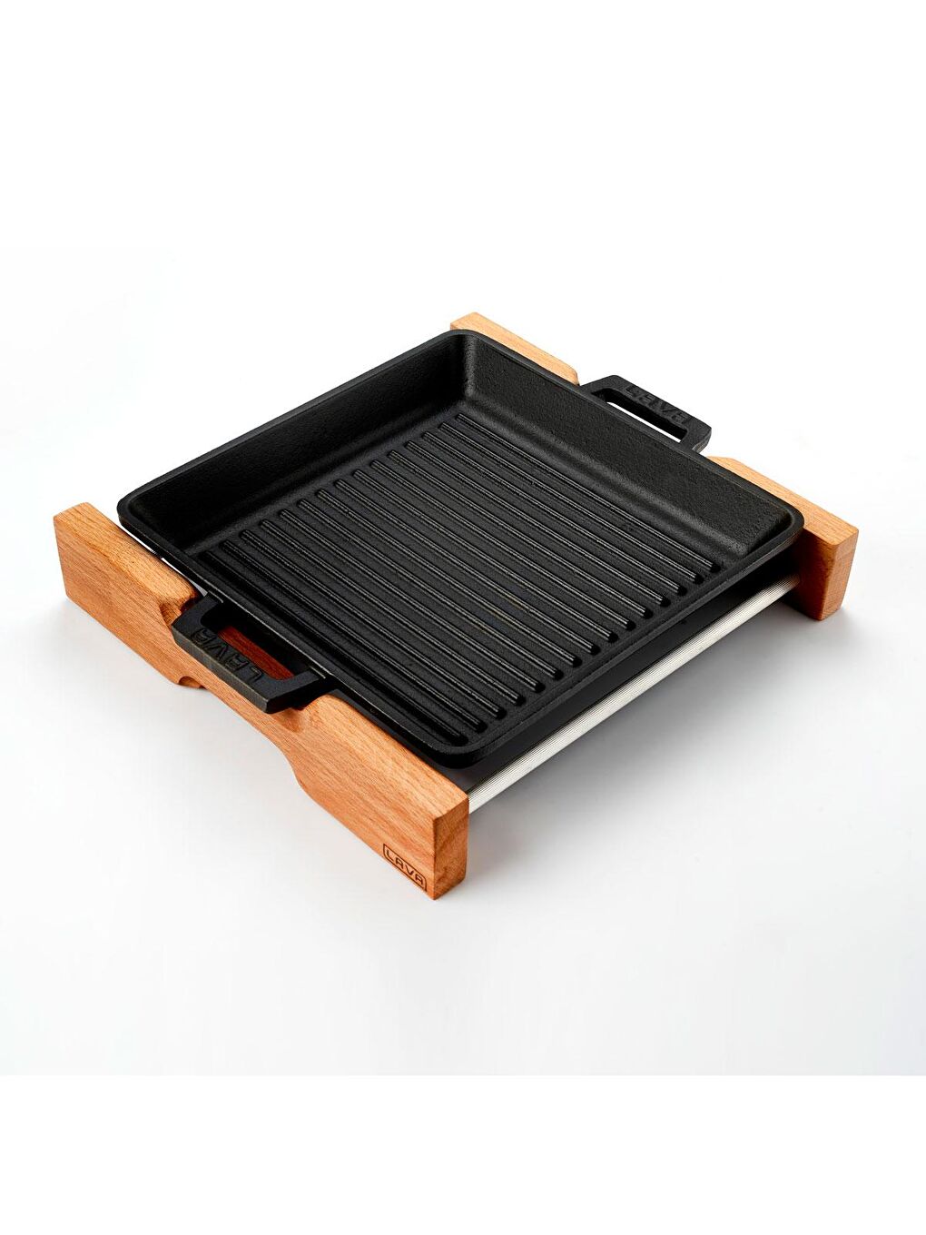 Siyah Kare Izgara Tavası Kayın Servis Ahşabı Döküm Demir Yekpare Çift Kulplu Ölçü 26x26cm.-1